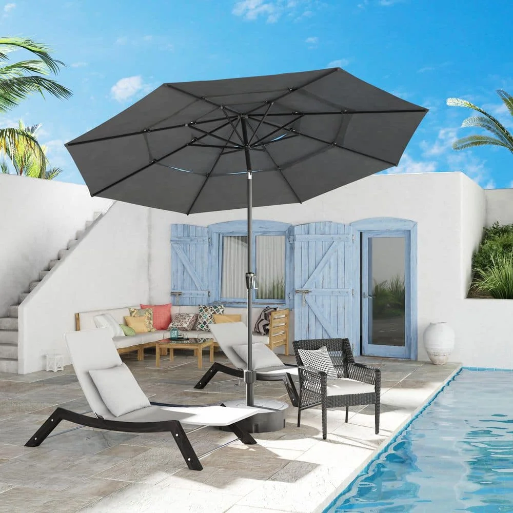 

11 футов Пляжный зонт для улицы с 3-х уровневым вентилируемым навесом. Зонт для патио с 8 прочными ребрами, кривошипным наклоном темно-серого цвета.