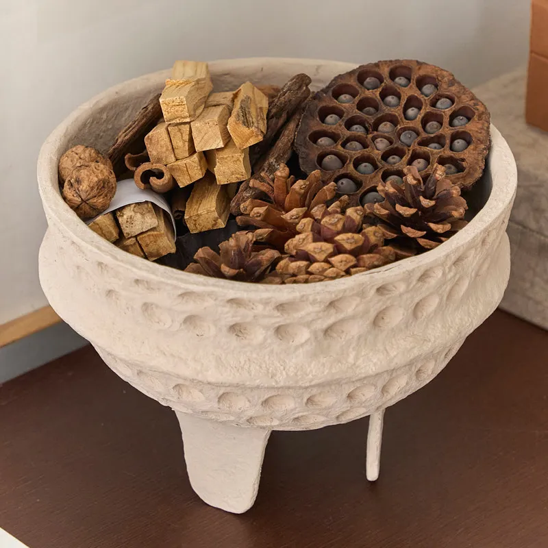 handmade pulp three-legged tall honeycomb pattern flower pot decorative bowl fruit plate wabi sandy wind storage ornament