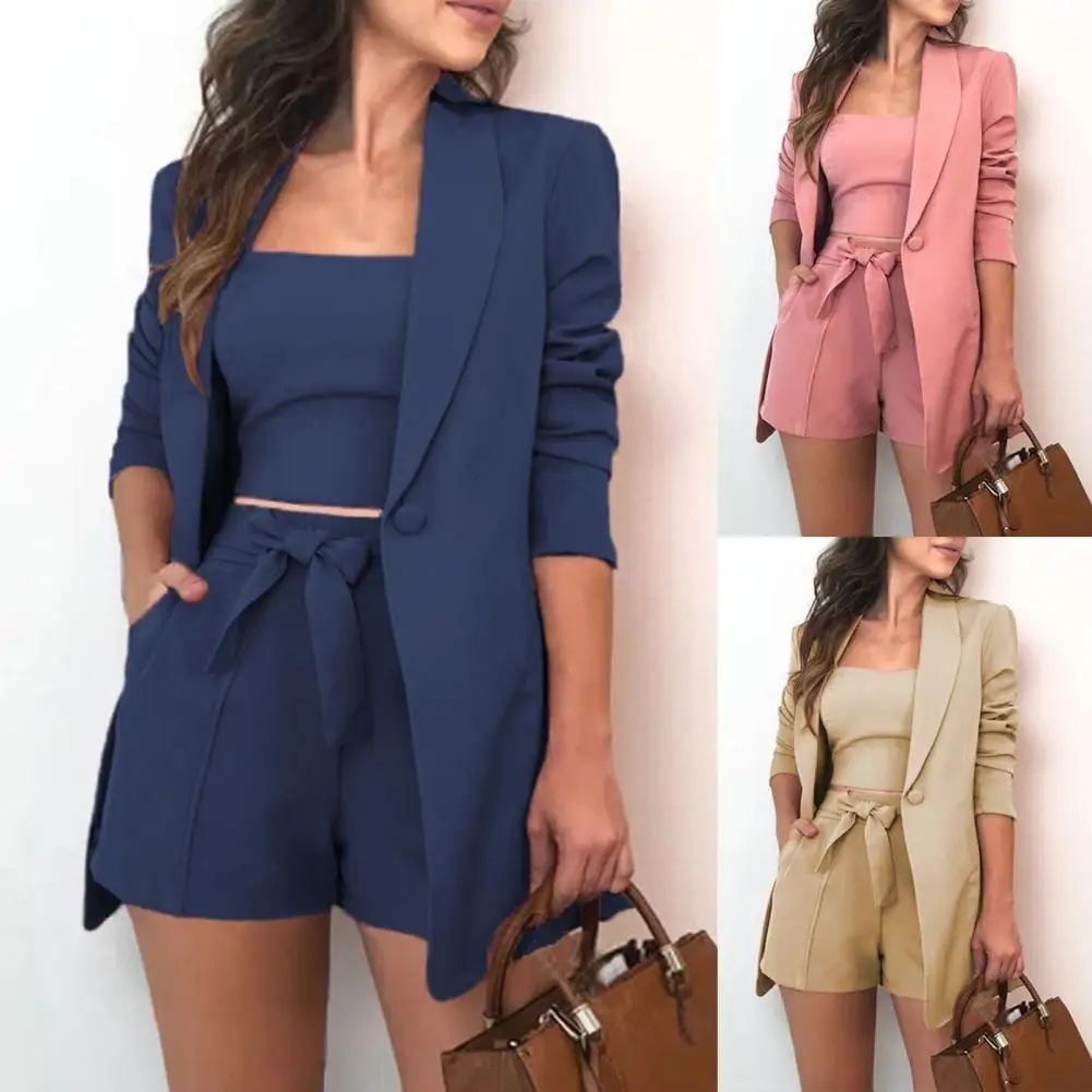 Blazer Shorts Set Three Pieces Set Solid Color Blazer Shorts Vest Suit Set Long Sleeve Blazer Summer Outfit for Travel