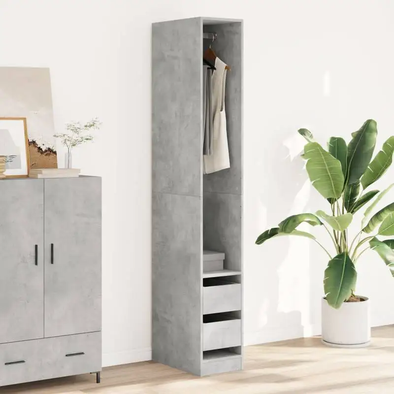 Armoire de rangement pour vêtements en bois d'ingénierie gris béton 30 x 50 x 200 cm, surface lisse, structure robuste avec un compartiment et deux tiroirs, design minimaliste compact, idéal pour