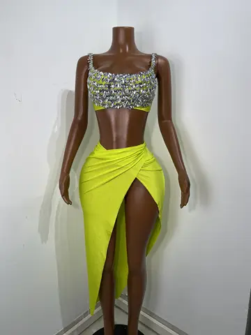 Kadın Tankı Elmas Kristal Yeşil Mavi Midi Bölünmüş Etek Seti Doğum Günü Partisi Kostüm Bar Gece Kulübü Sahne Performansı Giyim