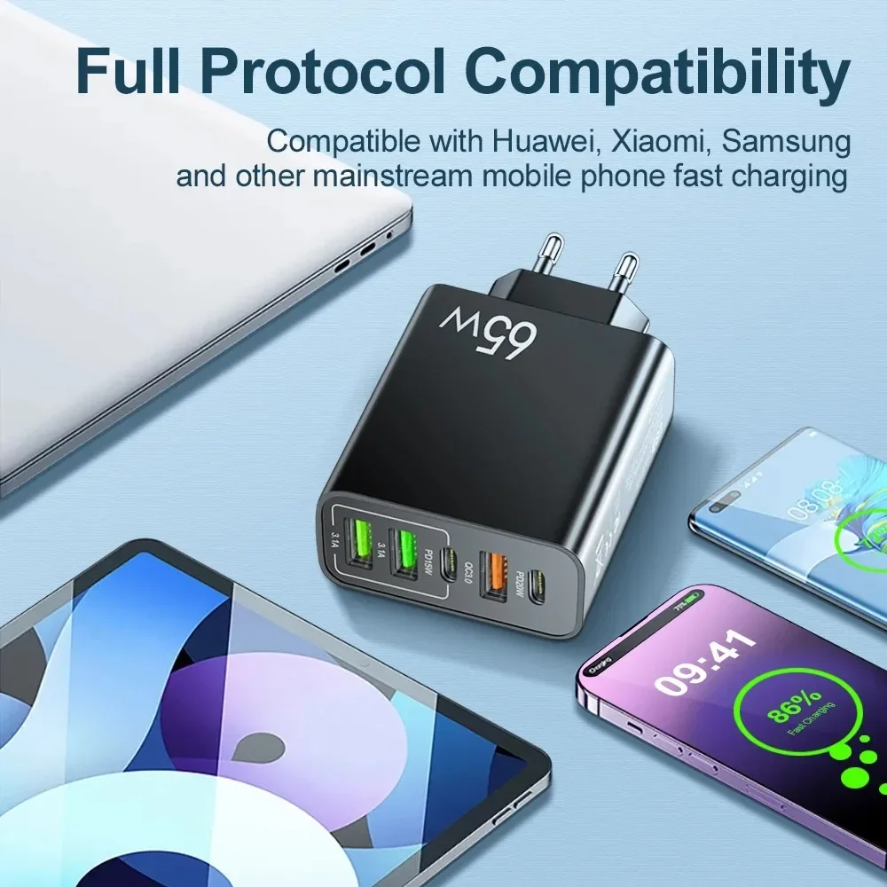 携帯電話アダプタータイプC PD,5ポート急速充電,iPhone, Samsung, Xiaomi用の壁充電器,合計65W, USBタイプC