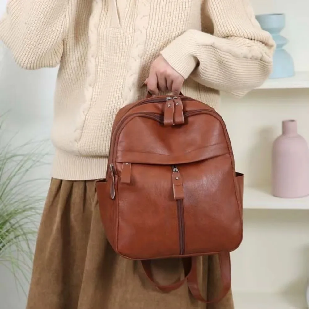 New PU Leather School Bag Large Capacity Anti-Splash Water Travel Bag Multi Pocket Solid Color Bookbag