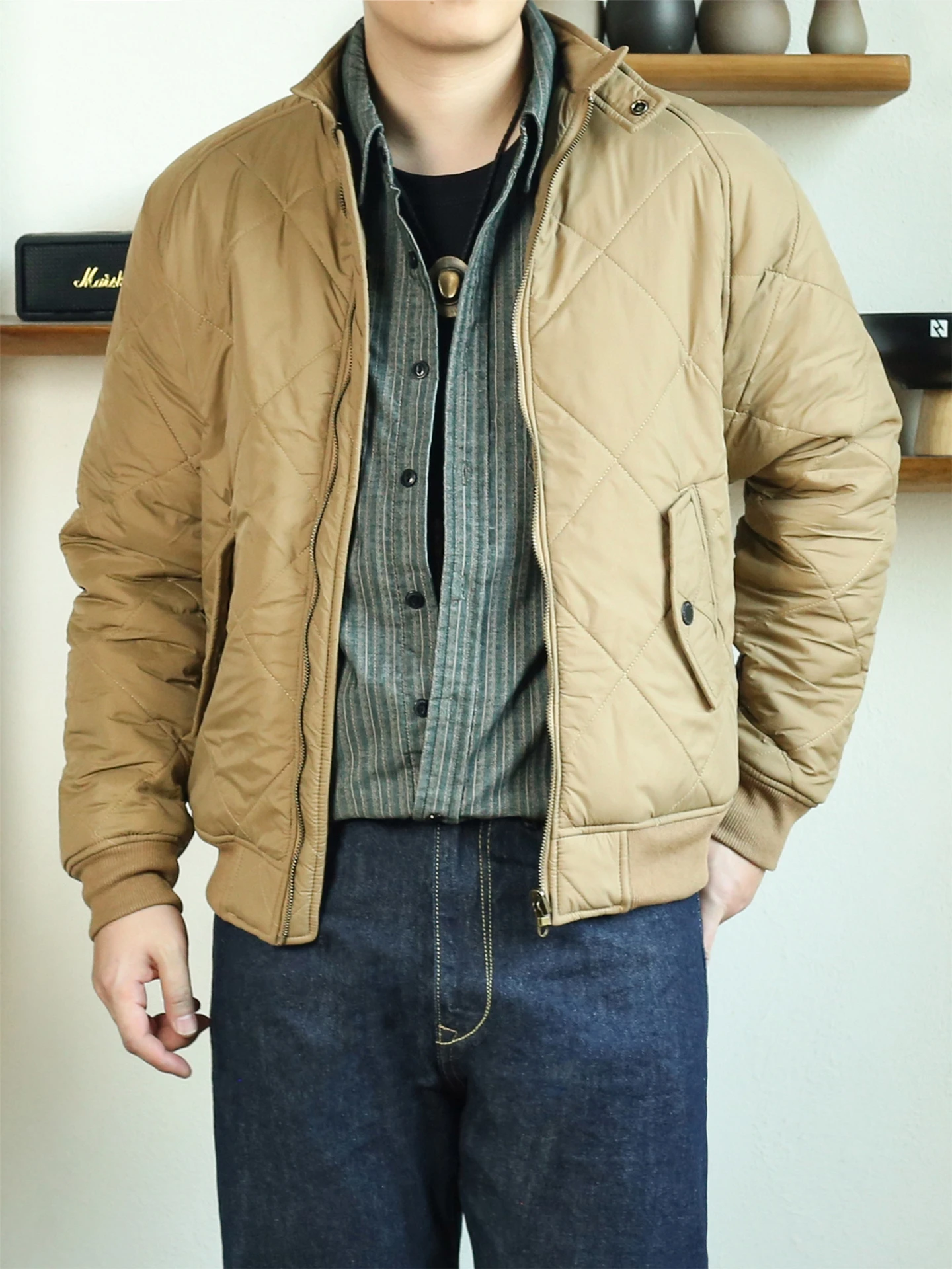 

American Retro Double-Sided Wear Diamond Stitching Cotton Jaet Men's Autumn Winter Small Stand Collar Cotton Coat Warm Oute...