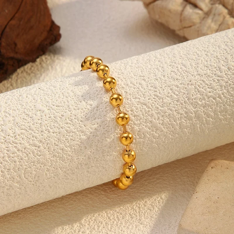 Fashion 18K Gold-Plated Stainless Steel Beaded Chain Bracelet, Waterproof, Stackable, Everyday Jewelry for Men and Women