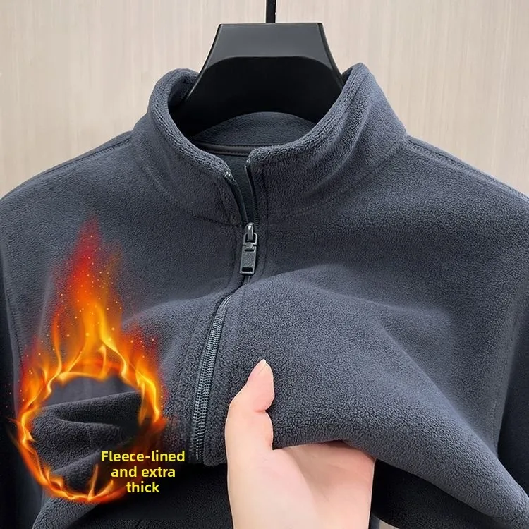 

Thiened Fce Jaet Men's Stand Collar Warm Sweatirt Autumn Sle Fce Lined Trendy Brand Upper Apparel Outerwear