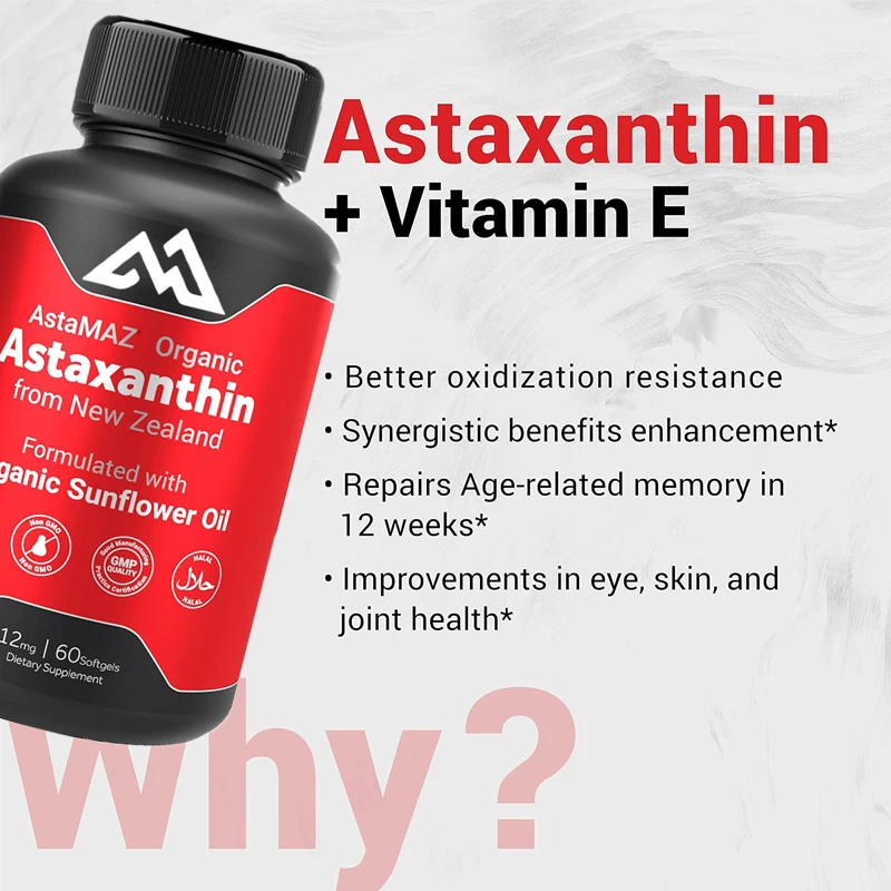 

New Zealand Astaxanthin (12mg) Enhances Natural Vitamin E Non GMO, Soy and Gluten 60 softgel capsules (1 month dosage)