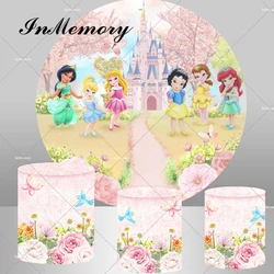 Baby Princess Castle Round Backdrop Cover Newborn Baby Shower Girls 1st Birthday Party Background Pink Flowers Pedestal Covers