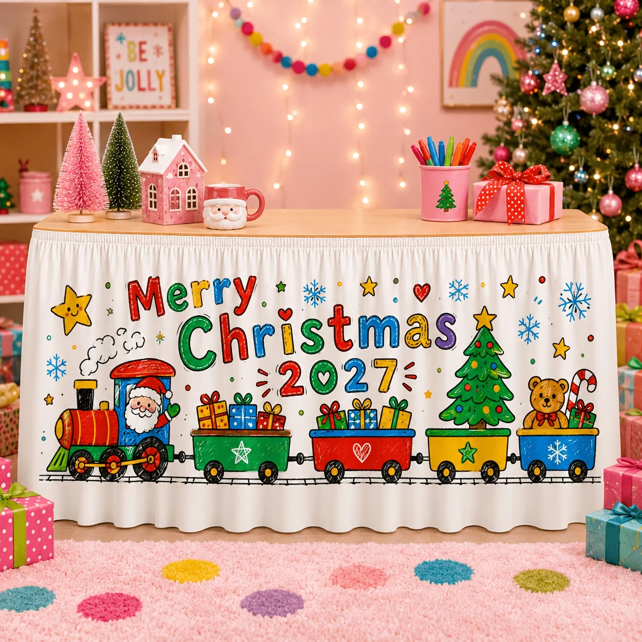 1 piece of tablecloth, Merry Christmas, 2027 Santa Claus Train Gift Box