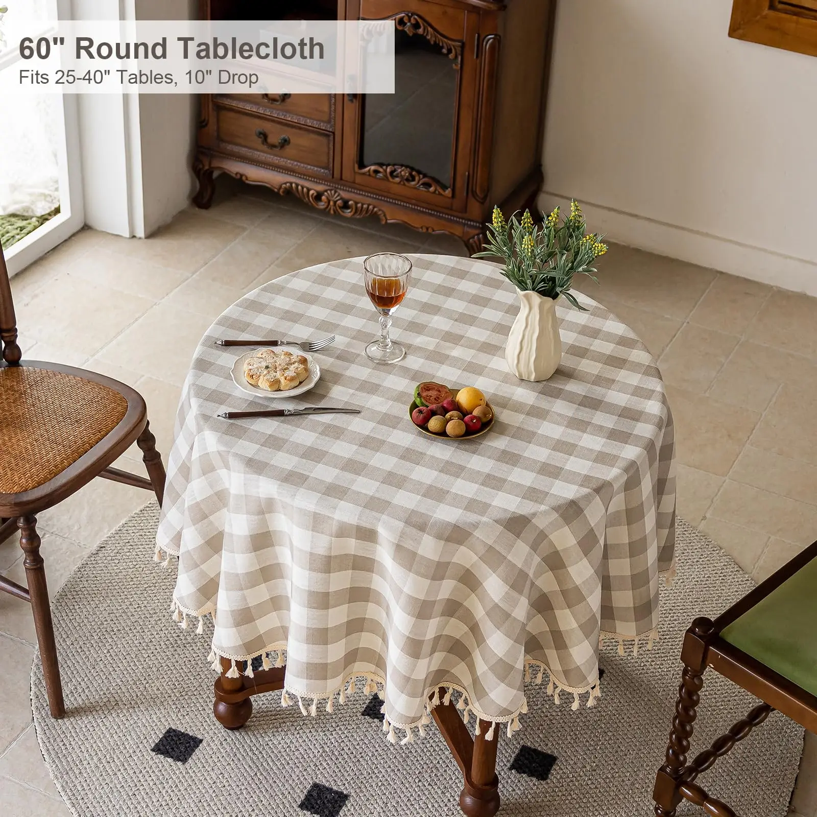 Gingham Tablecloth Round/Rectangular, Outdoor Washable Checkered Plaid Table Cloth Cotton Linen Fabric Summer Picnic Party