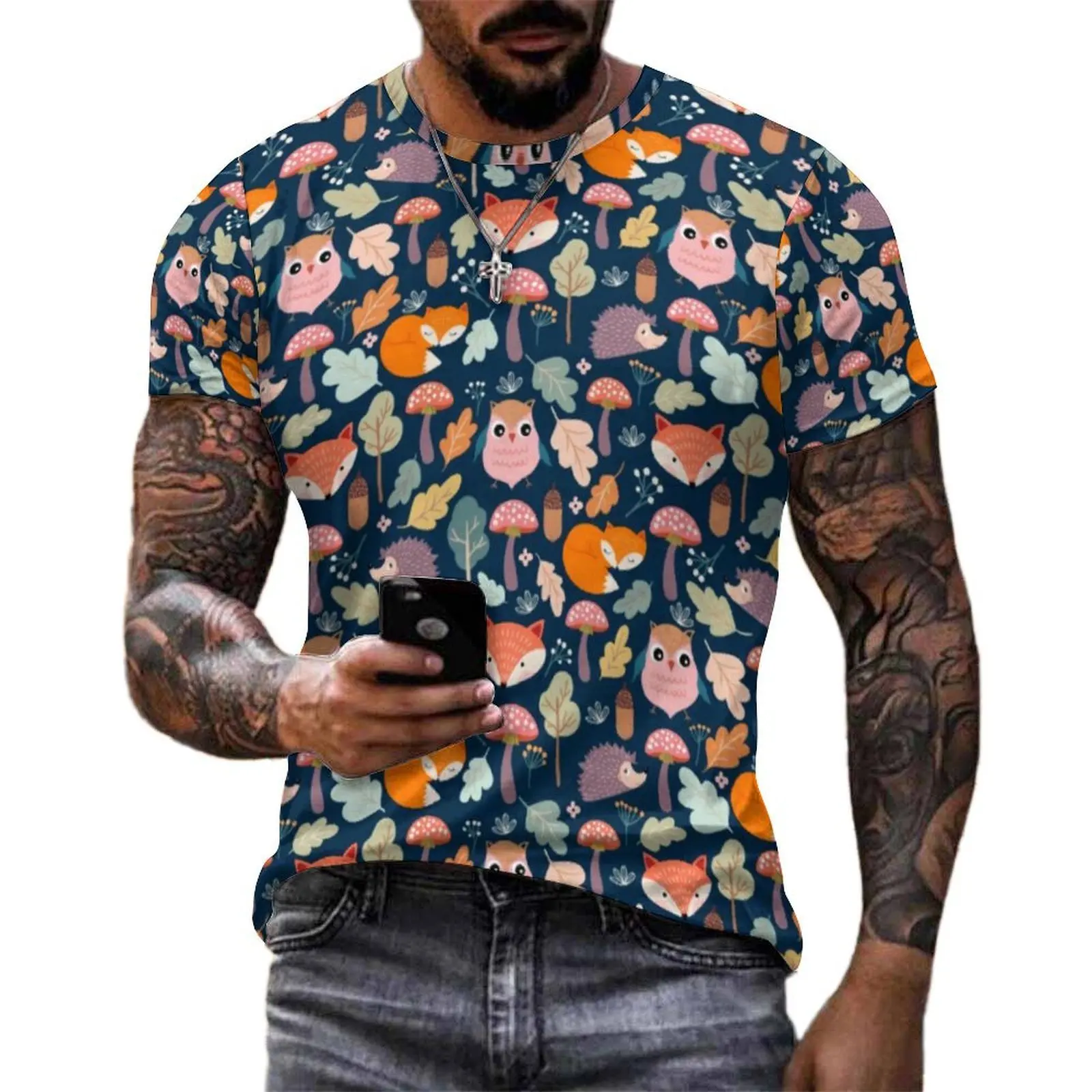 Plus Size T-Shirt Original Cute Fox Print T Shirts Wild Animal Mush Floral Awesome Crewneck Tshirt Man Trendy Design Clothes