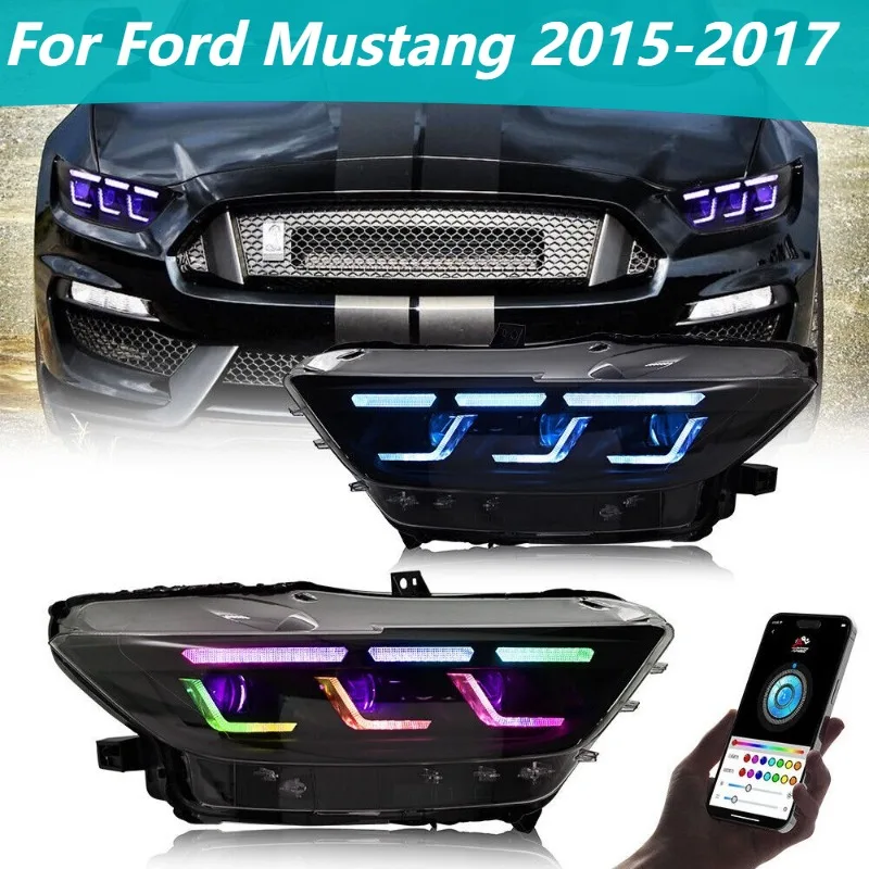 For Ford Mustang 2015-2017 RGB LED Headlight Assembly Pair, Multi Color Head Lamp DRL Animation Projector Custom Dynamic Style