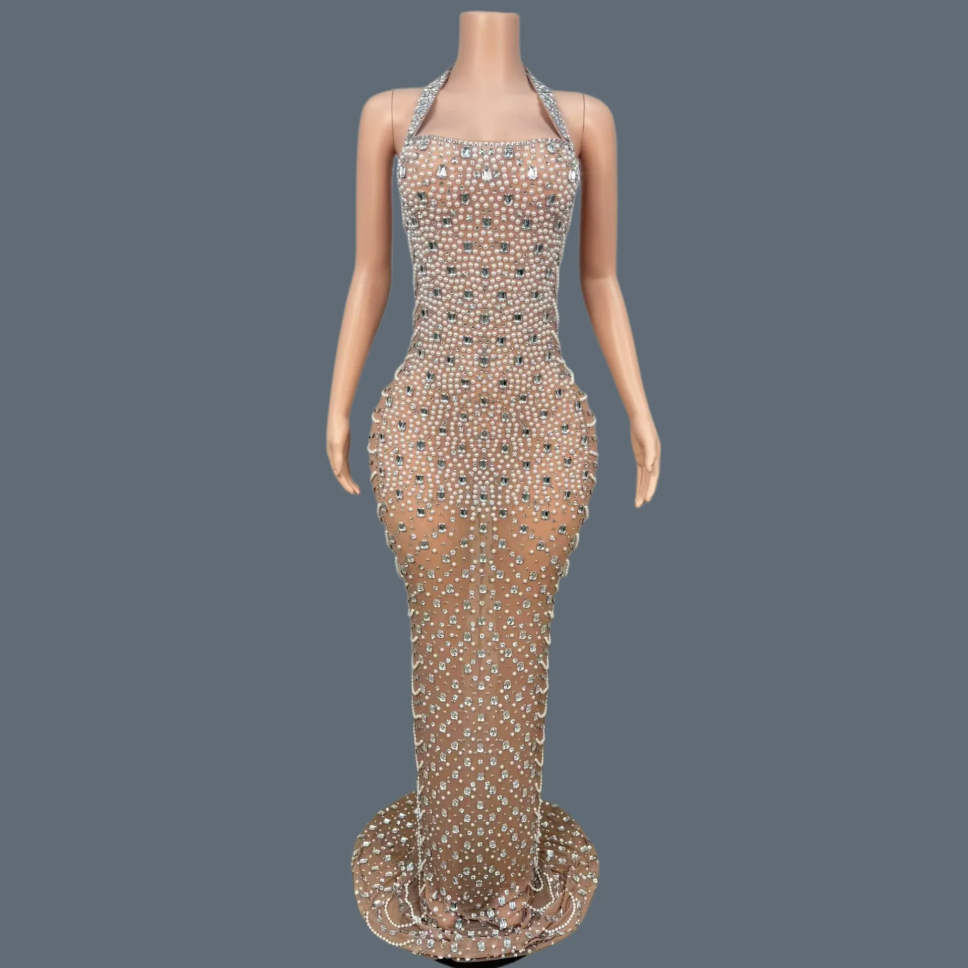 

Women Sexy Mesh Evening Gown Party Outfit Sparkly Rhinestone Pearls Prom Dress Gala Prom Red Carpet Formal Long Dresses Haidao