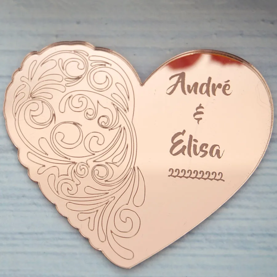 

Personalized Wedding Acrylic Mirror Place Card Custom Heart Tags Bride&Groom Name Signs Party Table DIY Decor Guest Gifts Decor