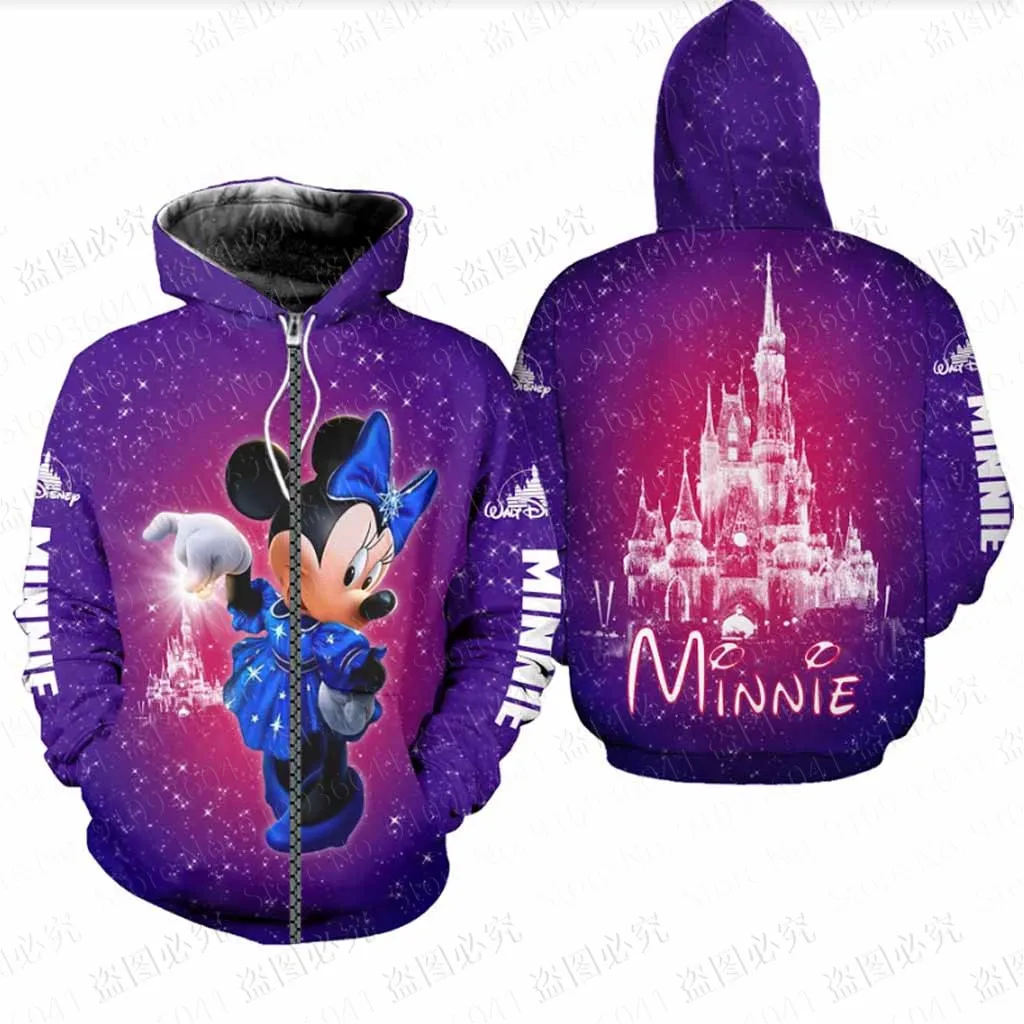 TureMouse-Sweats à capuche College Disney 3D Minnie Mouse pour hommes et femmes, pull sourire, fermeture éclair, vêtements paren