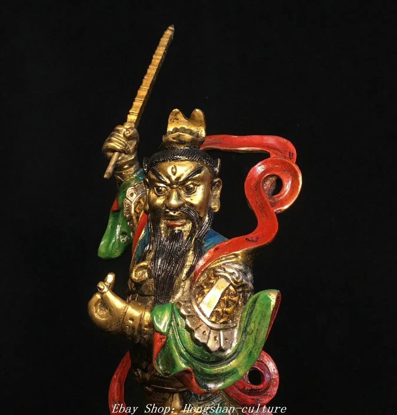 15'' Old Chinese Purple Bronze Gold Painting 5 Ling Officer Wu Lingguan Statue
