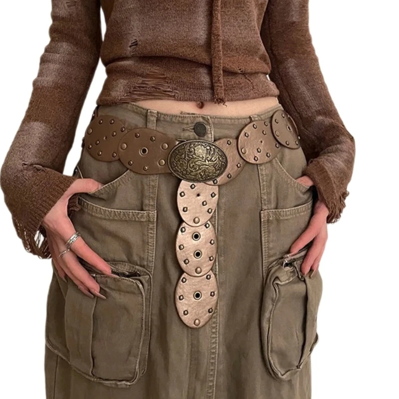 

Brown Wide Belt for Dress Stage Dancing for Women Girls Grunge Grommet
