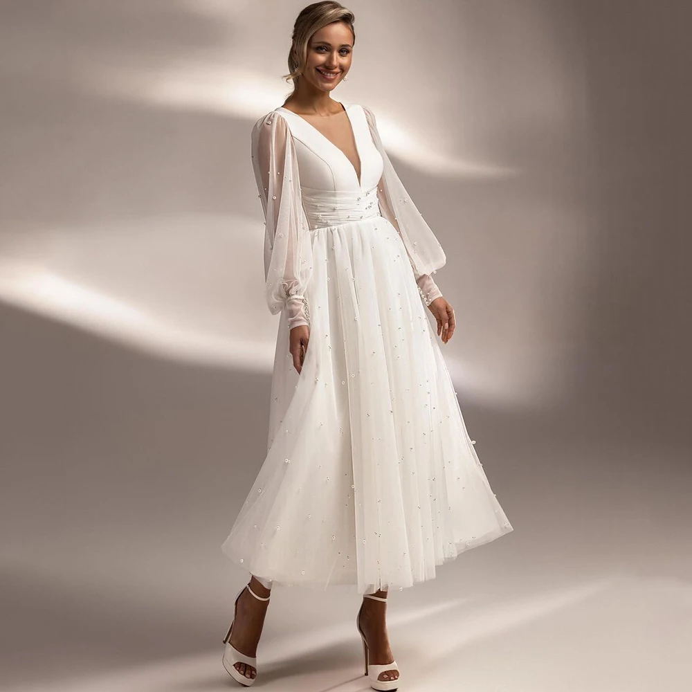 

Welove Pearls Tulle Short Wedding Dress Sexy Open Back with Pleat A-Line Tea-Length Bridal Lantern Long Sleeves Civil Gowns