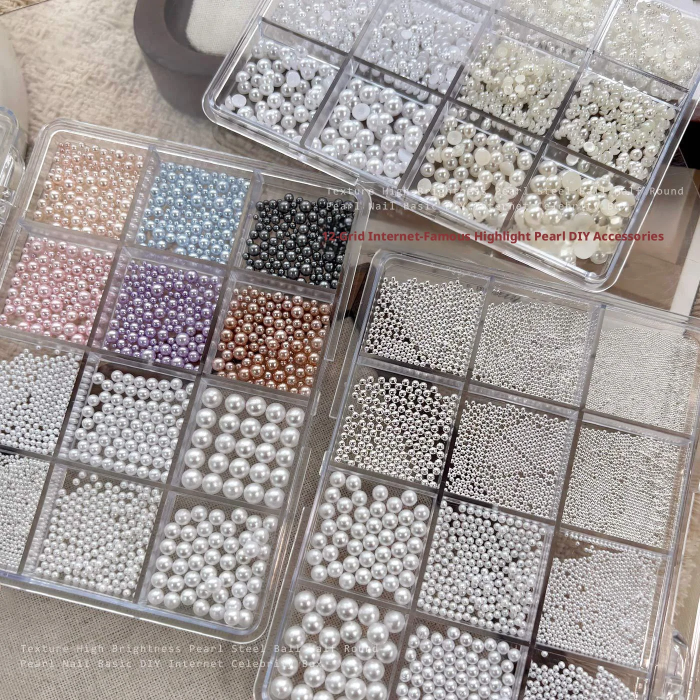 12 Grid Nail Art with Water Droplets Semi-Circular or Circular Pearls Mixed 3D Sliding Nail Decoration Suitable for French Nail
