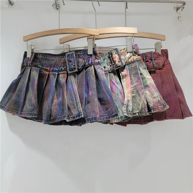 GALCAUR Hit Color Pieghe impiombate Eleganti gonne da cowboy per le donne Minigonna a pieghe divisa a vita alta Abbigliamento moda femminile Nuovo