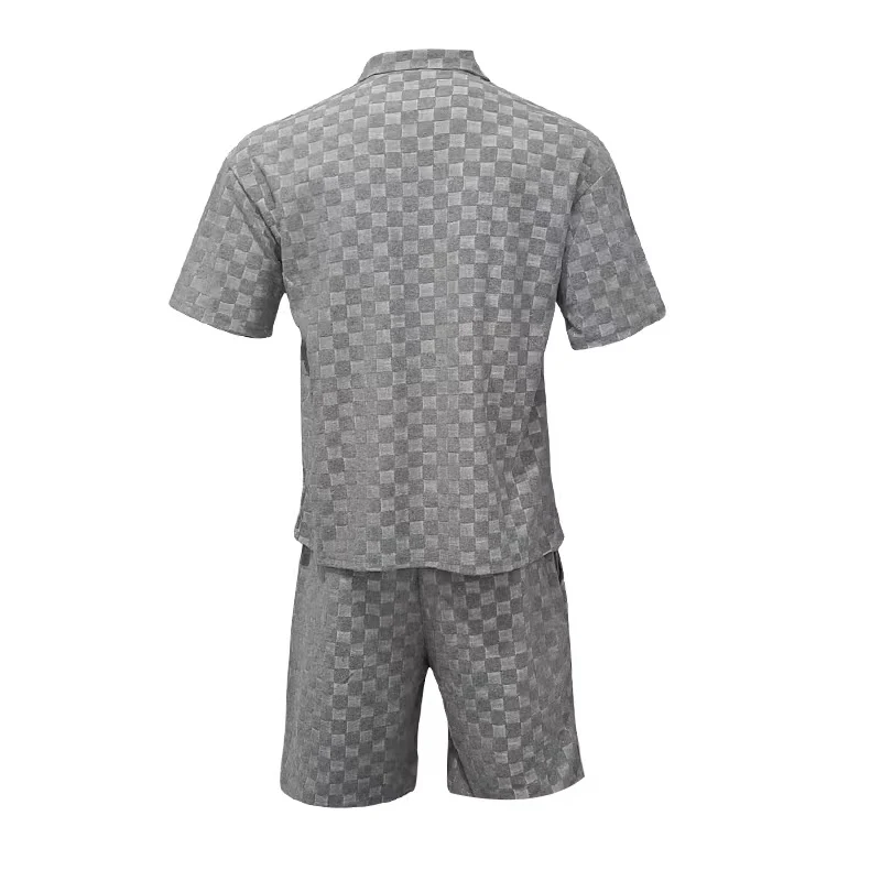 New Chessboard grid 2-piece Set for Men  Loose Casual Short Sleeves+Short Shorts Set Summer Flip Collar Sportswear Mens Clothing