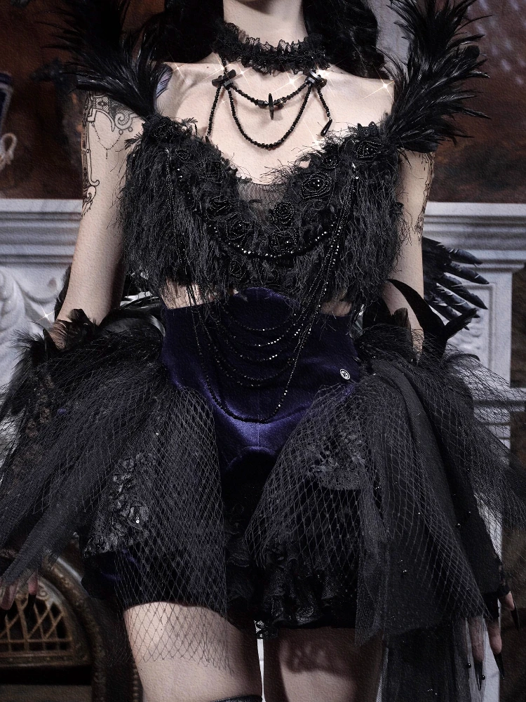 Mini robe d'halloween pour femmes, gothique, cour foncée, queue de plumes françaises, ensemble short en velours, robes de princesse Lolita