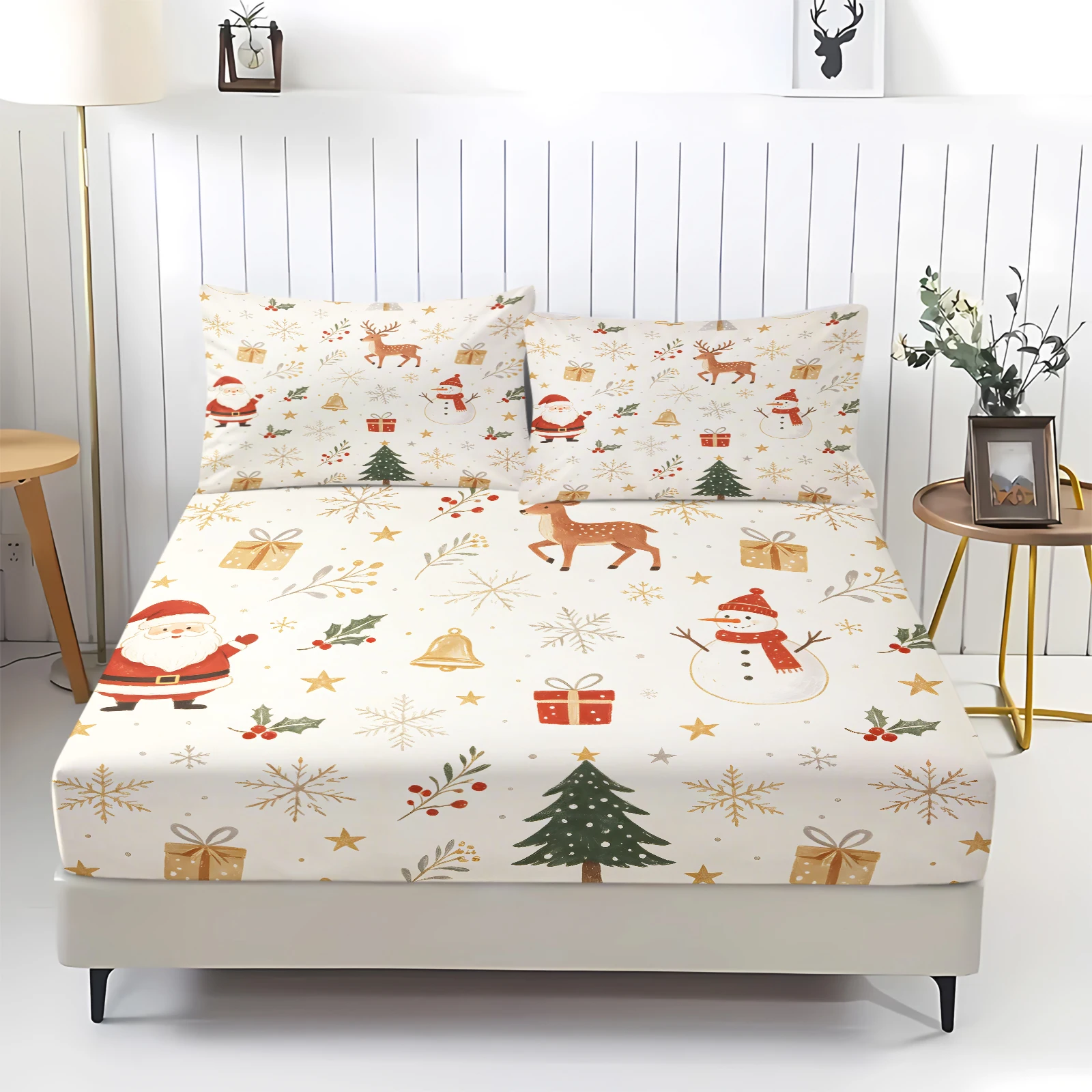 Christmas Fitted Sheet Set Santa Snowman Reindeer Christmas Tree Gift Box Snowflake Bell Star Print Deep‑Pocket Mattress Cover