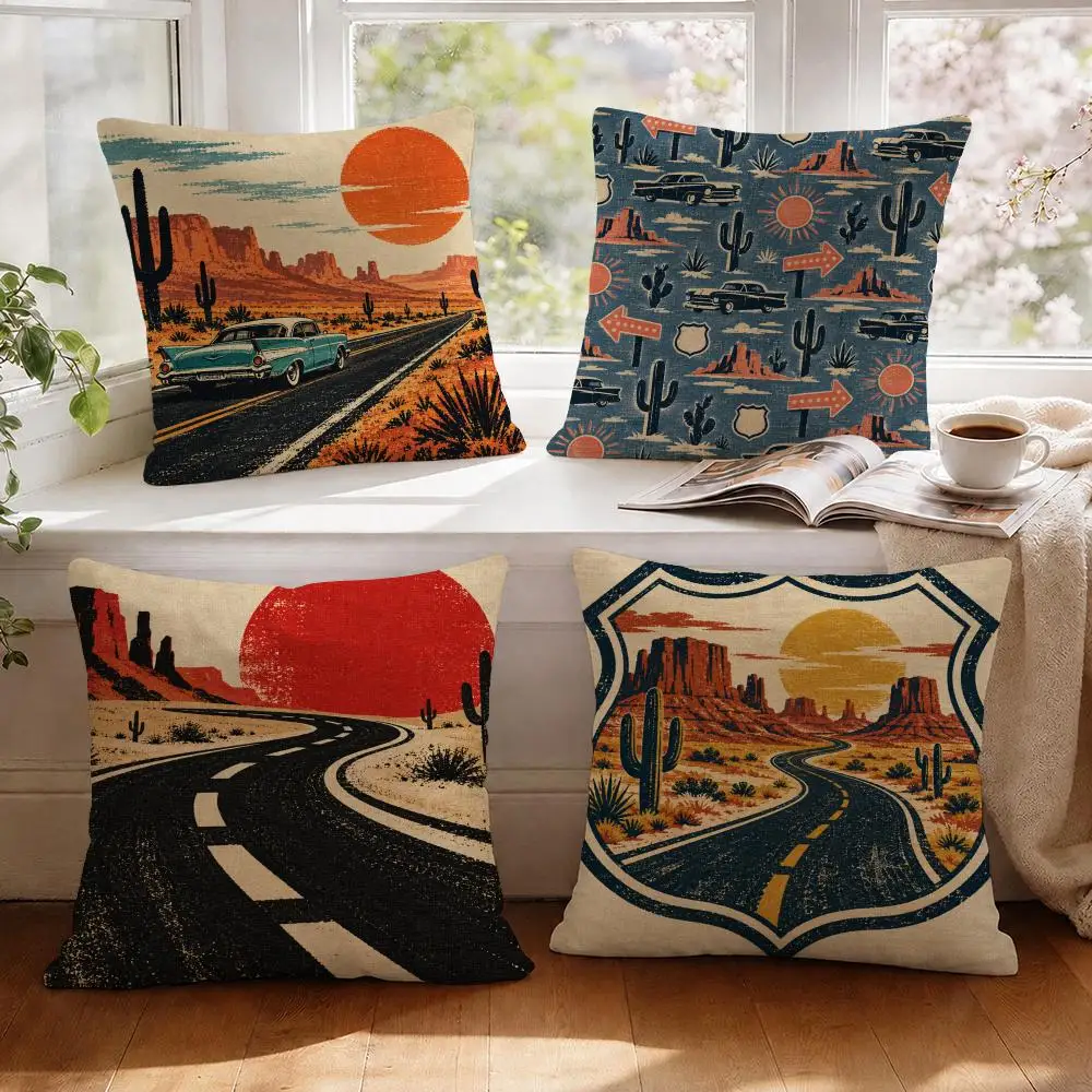 Desert Highway Cushion Cover 1/4Pcs Linen Throw Pillow Covers Double-Side Print Sofa Couch Living Room Decor
