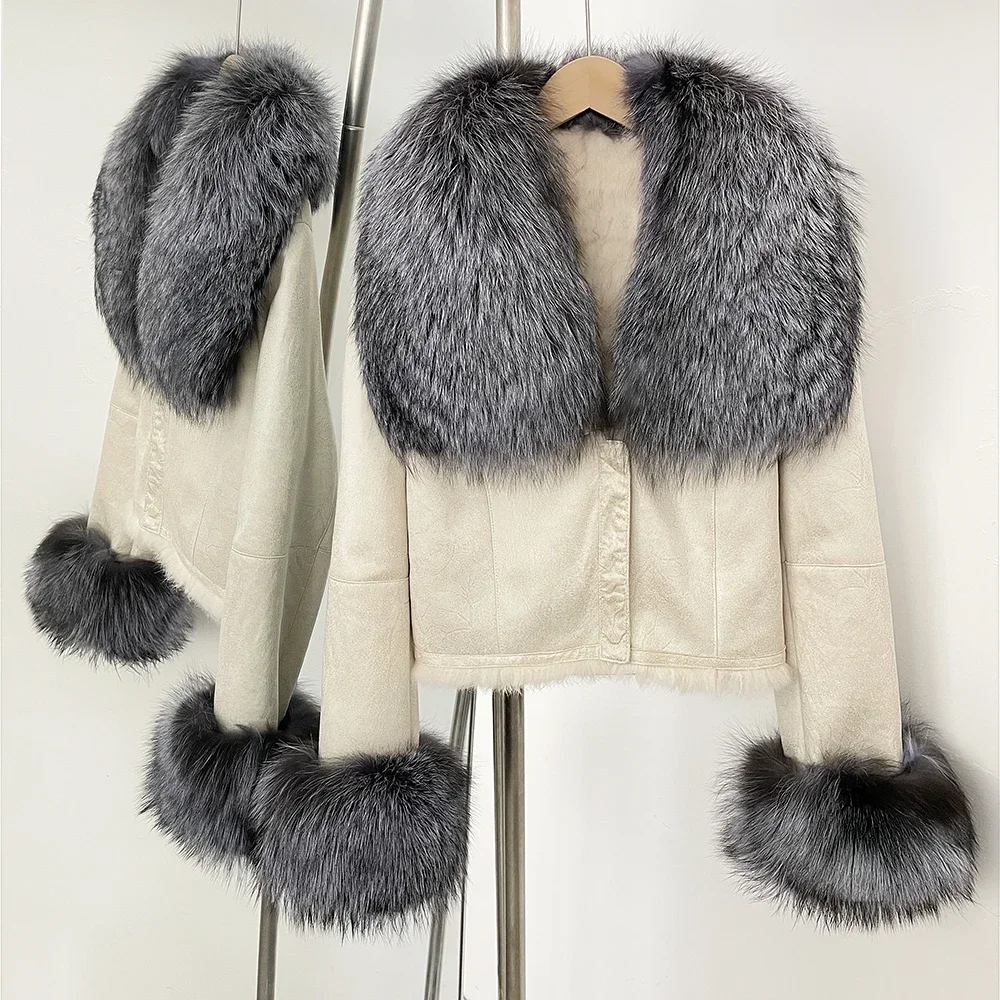 

2025 Fashion Overcoats Rabbit Fur Liner Female Natural Raccoon Fur Suede Fox Fur Coat Women New Autumn Winter Short Clothes Warm
