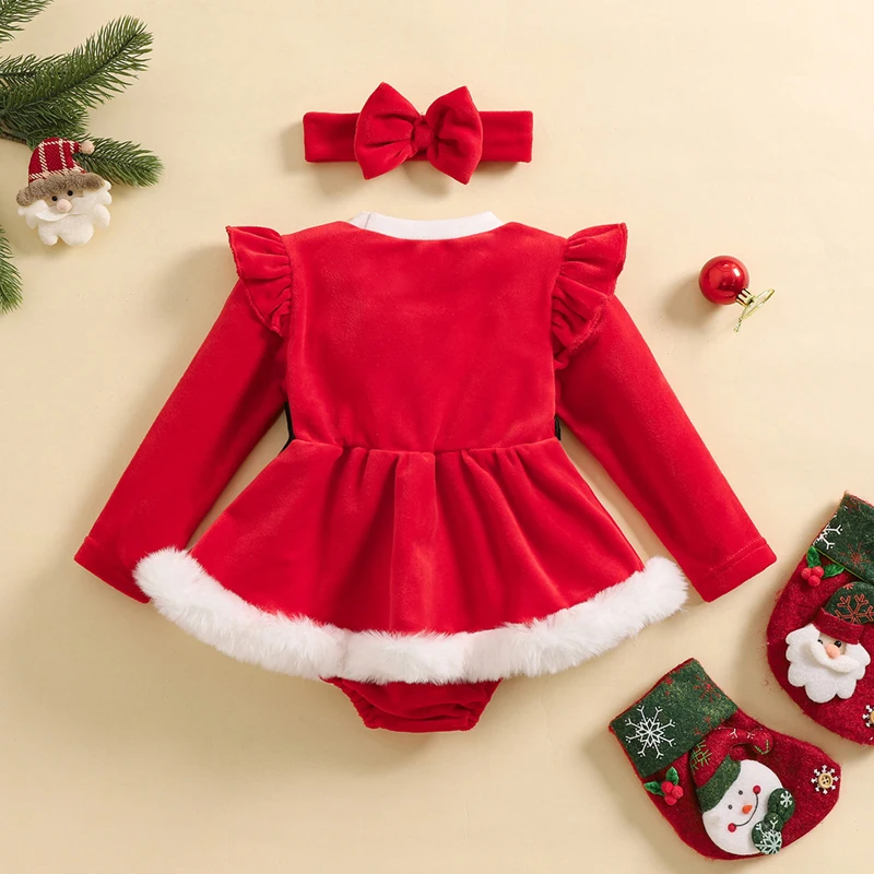 Baby Girls Christmas Romper Dress Long Sleeve O Neck Santa Claus Romper with Headband Cute Xmas Warm Jumpsuits