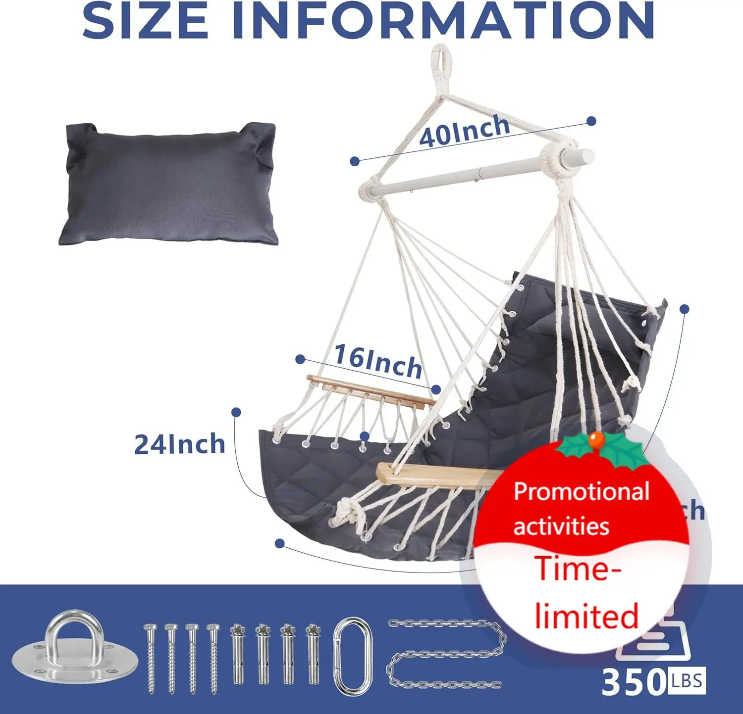 

Hammock Chair Hanging Swing with Wooden Armrest;Steel Spreader Bar,Pillows,Hardware kit Included;Cotton Woven Fabric;Up to 350 L