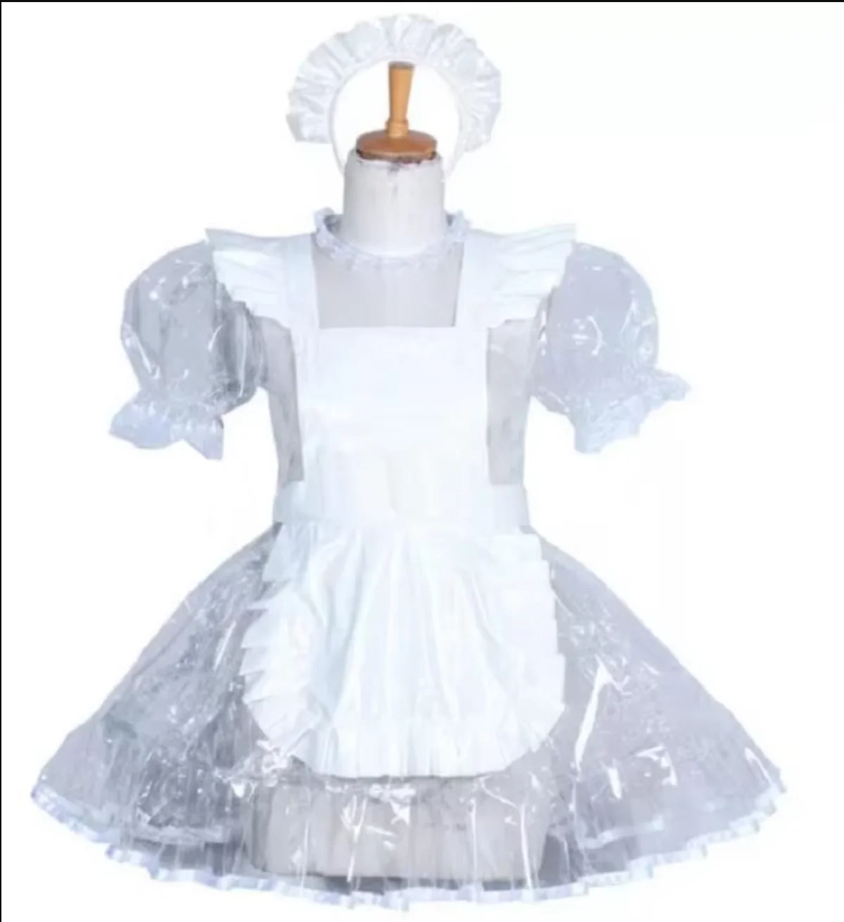 

French Cosplay Adult Sexy Cross Dressing Sissy Lockable Transparent PVC Dress White Apron CD / TV Maid Custom