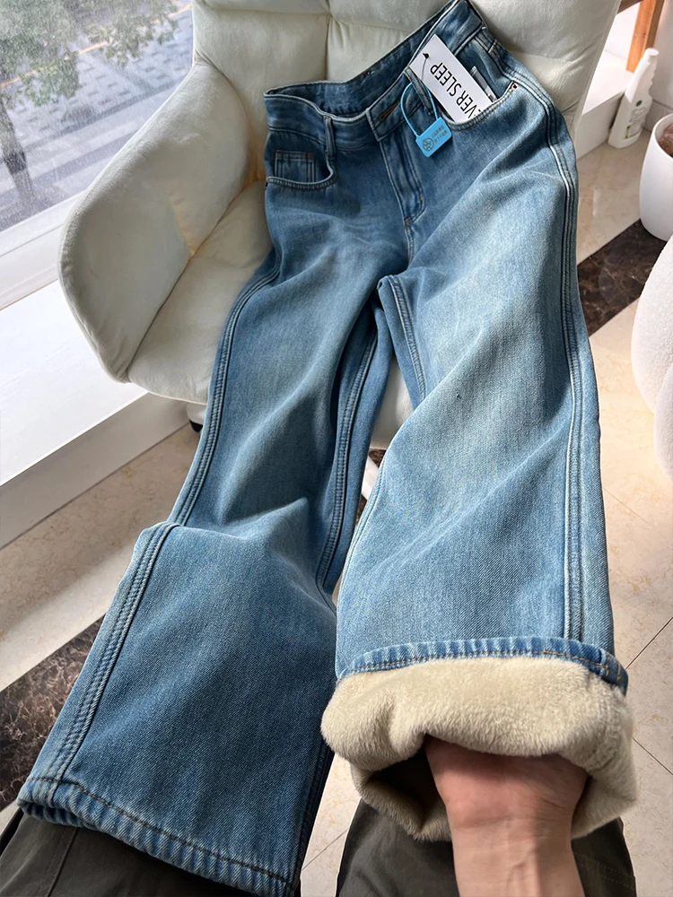 

plus Size Fleece Lined Thick Straight Leg Jeans Women Winter New Style Loose Slimming Wide Leg Long Pants High Waist Jeans