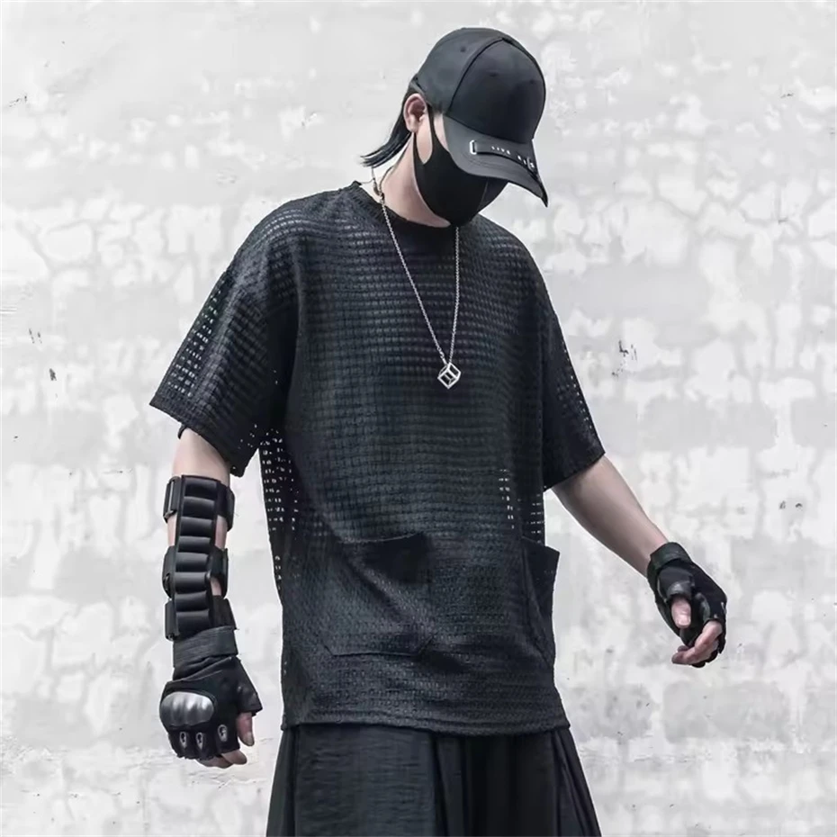 Techwear Black T-Shirt Men 2025 Summer Mesh Hollowed Out T-shirt Short Sleeve Tshirts Hip Hop Streetwear Cotton Tops Tees