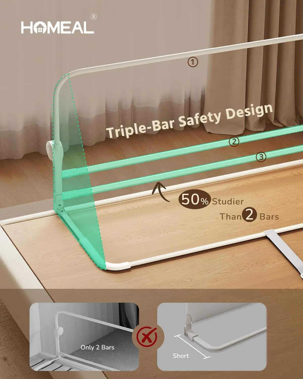 حاجز سرير طويل جدًا للأطفال الصغار مع قاعدة على شكل حرف U، شبكة مسامية للسلامة، يناسب مراتب التوأم إلى الملك #2