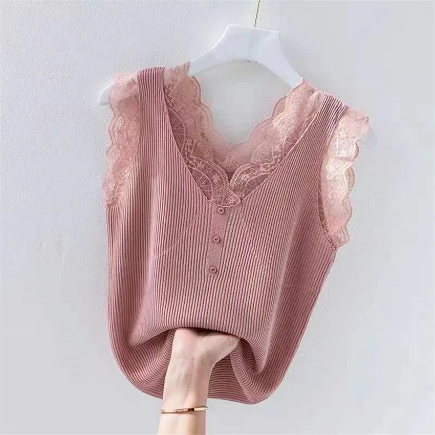 

2022 Fashion Women Ice Silk Knitted Lace Vest Solid V-neck Tank Summer Outfits Lady Short Paragraph Solid Tanks Bottomings W1905