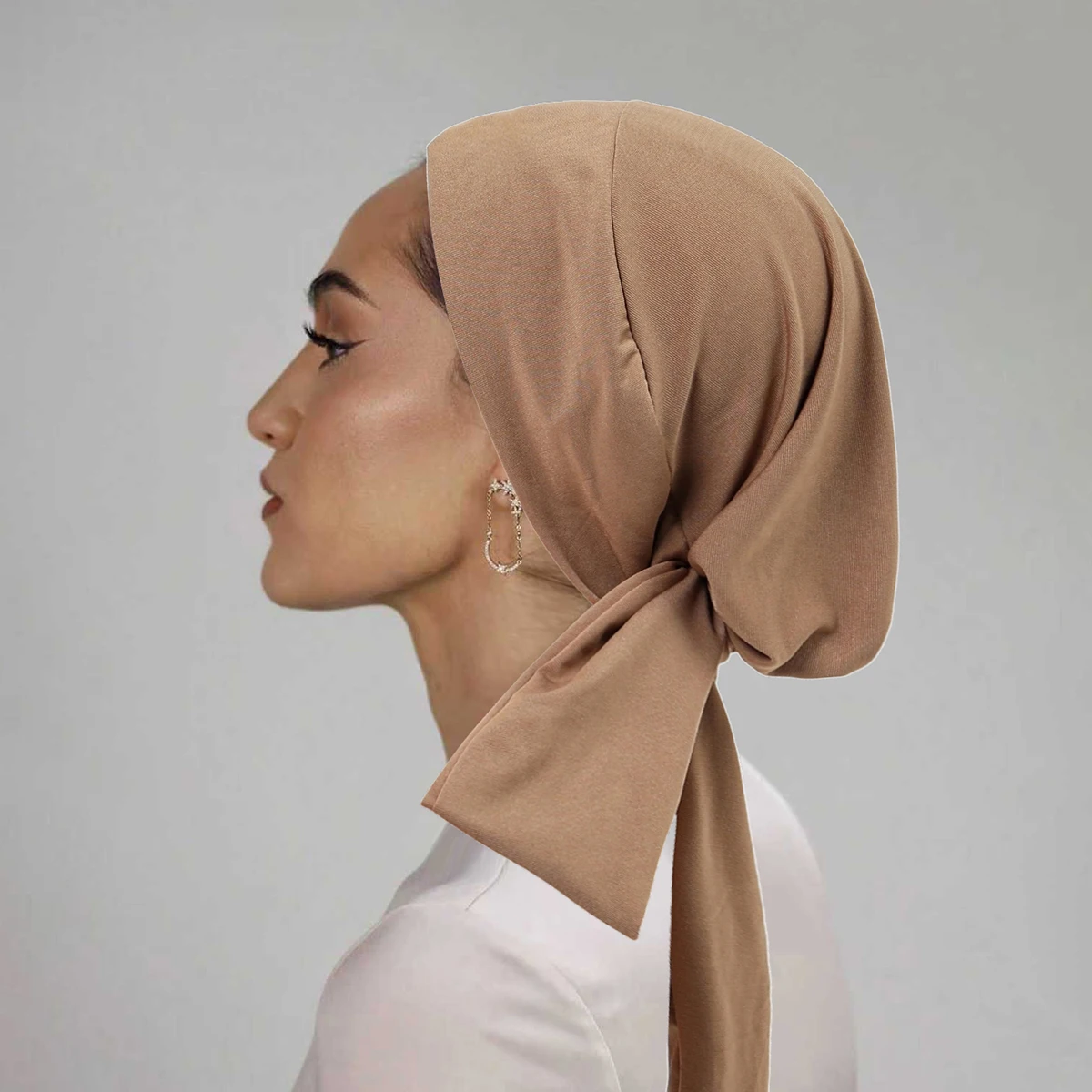 Fashion Long Tail Strap Hijab Turban Hats Muslim Solid Color Head Wraps Soft Strech Chemo Cap For Women Girls Turbante
