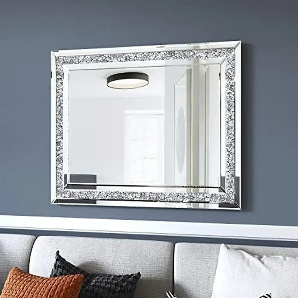 32x24 Crushed Diamond Beveled Wall Mirror Decor Silver Luxury Modern MDF Home Decoration Big Long  High-end Sturdy Hooks