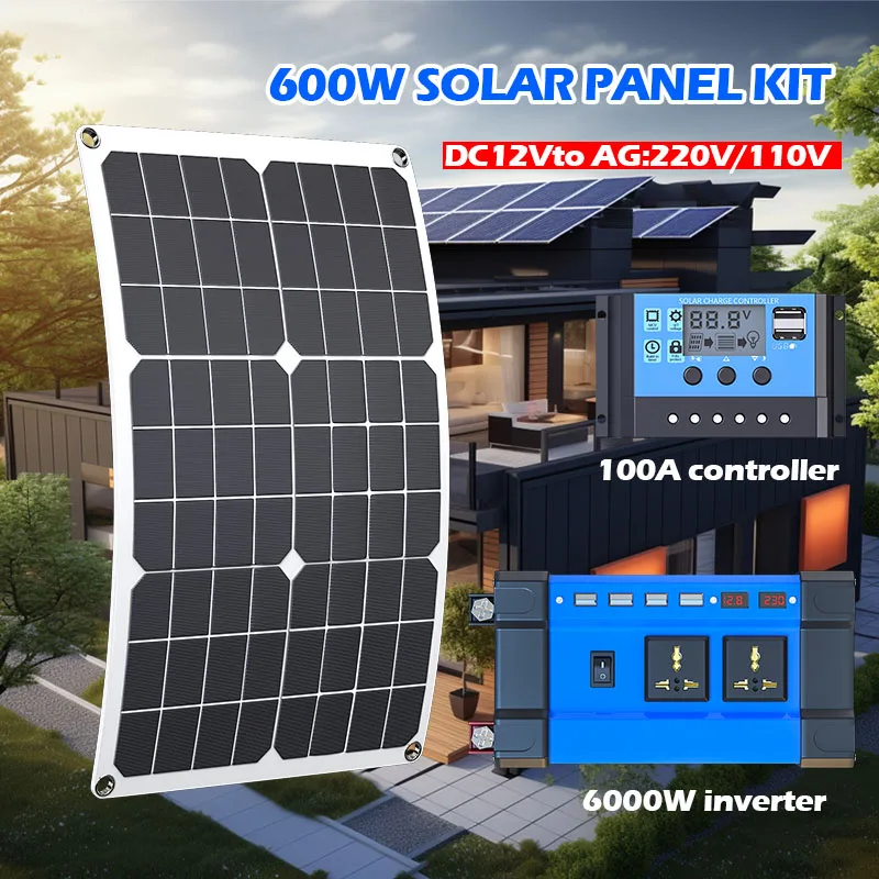 Kit completo di energia solare da 6000 W, con inverter da 12 V a 220 V/110 V e pannello solare, regolatore di carica da 30 A, sistema di energia solare autonomo per uso domestico, camper, campeggio e