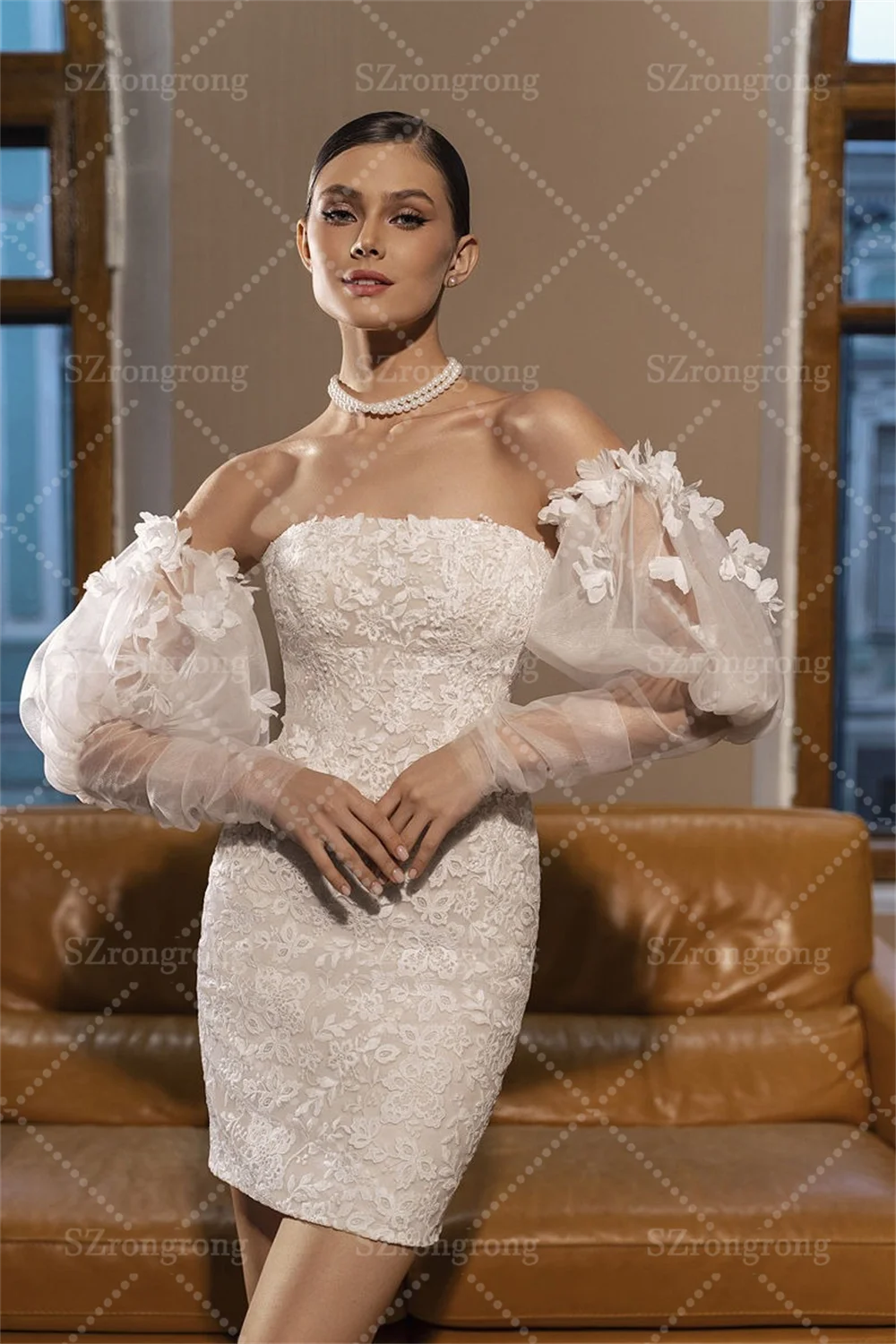 Vestido de novia bohemio con apliques de tubo de dos piezas, vestido de fiesta nupcial con cola desmontable de encaje y manga abombada, hecho a medida