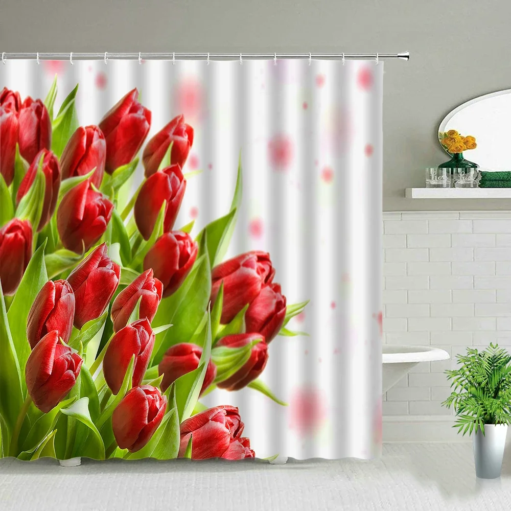 Tulip Pink Flower Shower Curtains Beautiful Flowers Plant Waterproof Cloth Curtain Set Bathroom Home Decor Bath Screens Washable