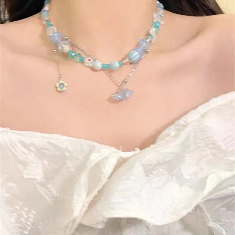 2023 New Lily of the Valley Story Laser Crystal Butterfly Necklace Light Luxury Niche Women's Summer Sweet and Cool Beaded Clavi