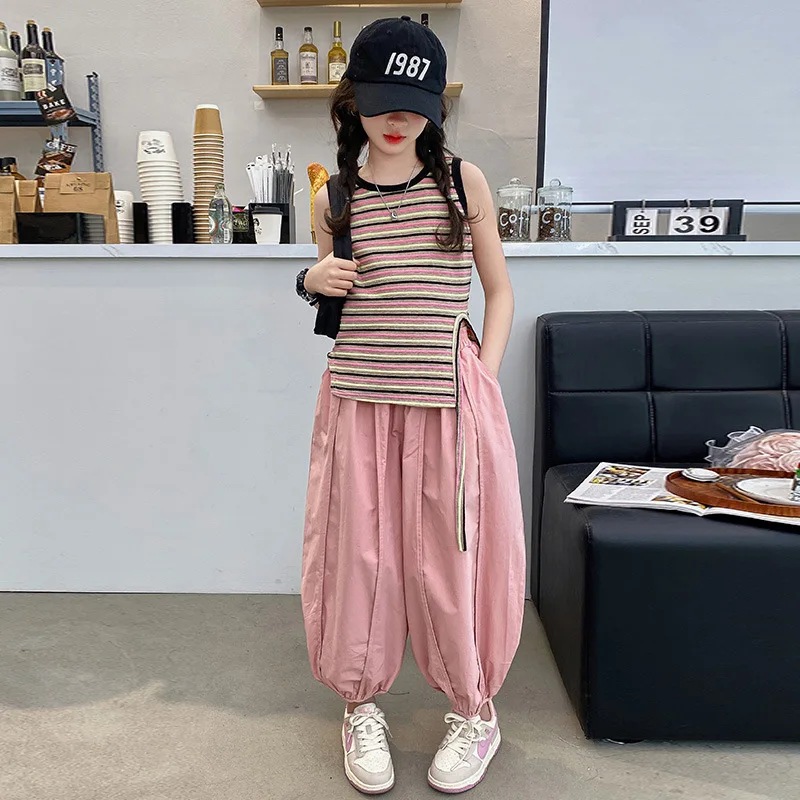 

Girls Suits Summer Dress Set 2024 New Style Foreign Korean Fashionable Summer Vest Bloomers Nine Minute Pants Simple Casual