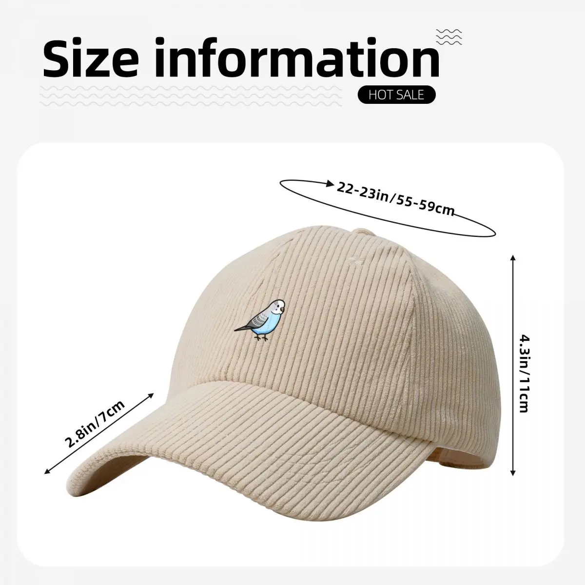 Blue Budgie Corduroy Baseball Cap Hat Man Luxury foam party Hat Visor party Hat Men Women's