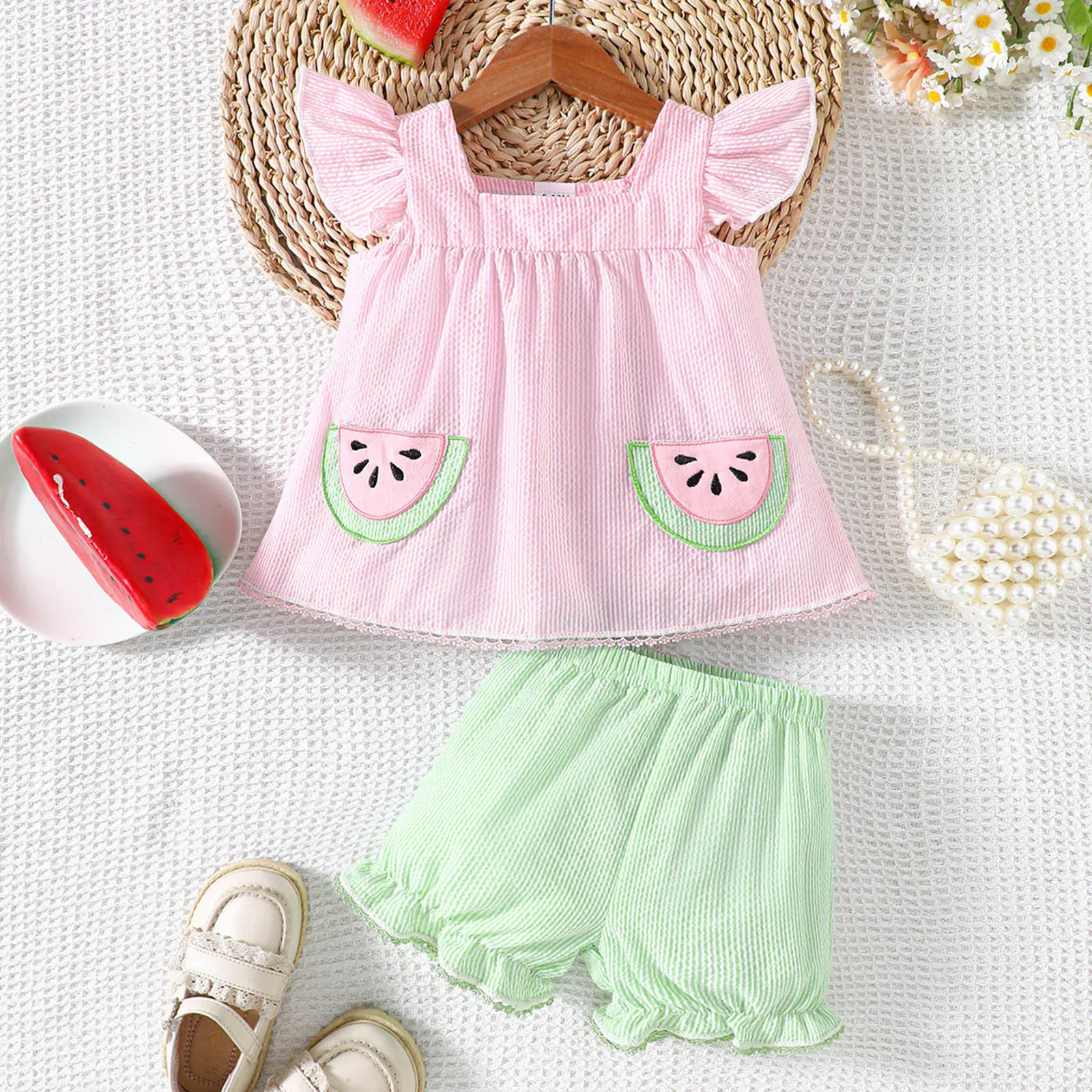 0-24Months Toddler Girls Clothes Fly Sleeve Striped Watermelon Tops T Shirt Vest Shorts 2 Pieces Outfits Girls Baby Clothes Sets