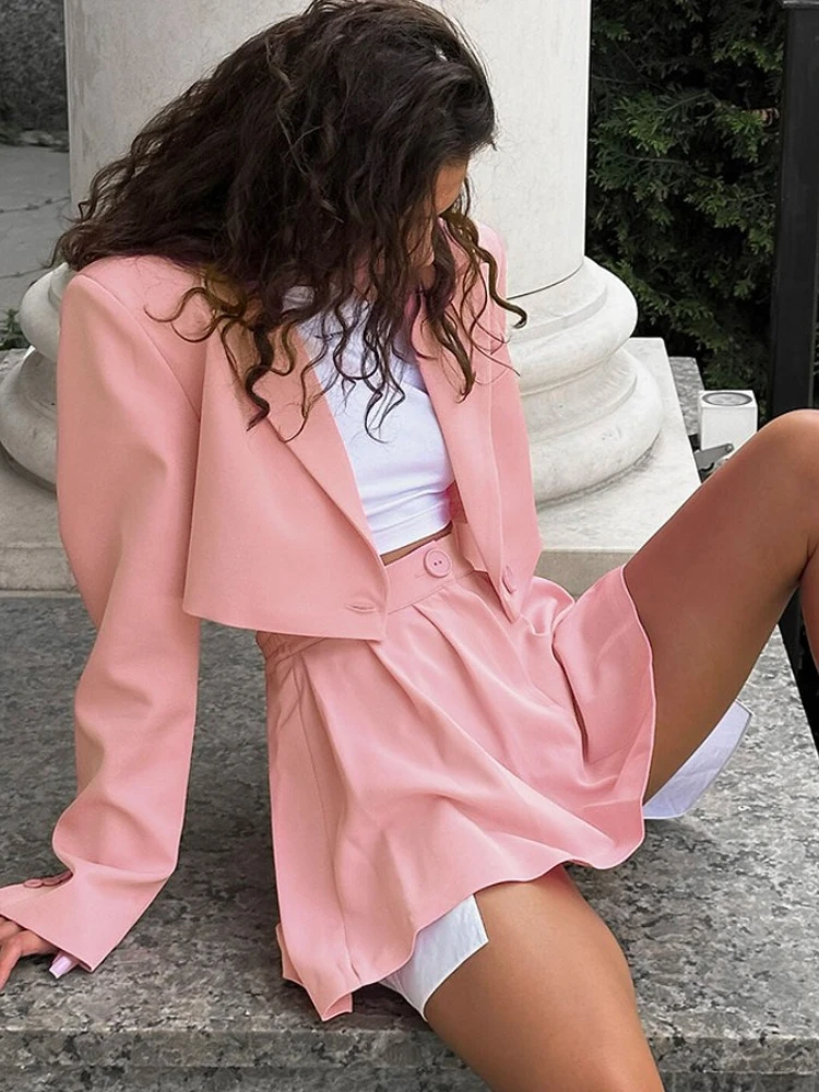 FDYOUI Abito corto monopetto Top + Gonne a pieghe Set da 2 pezzi Blazer da donna Set coordinato Office Lady Abito rosa Streetwear