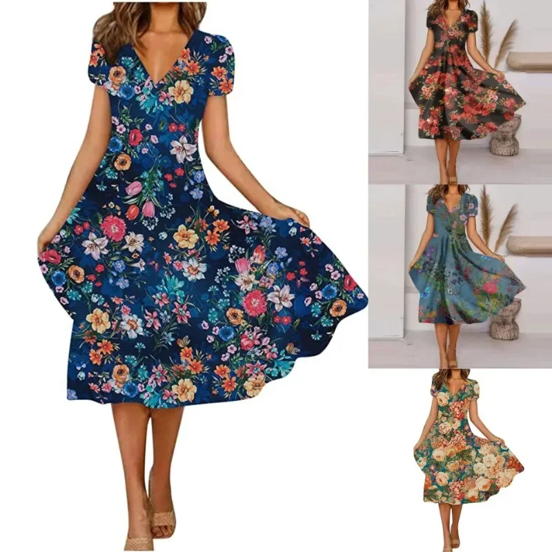 

Oversized Women V Neck Dresses Bohemian Elegant Floral Print Short Sleeve Dress Ladies Loose Casual Robe Y2k Beach Dress Платье