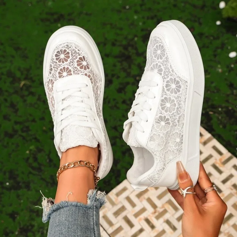 Zapatillas Deportivas de Mujer con Cordones y Encaje Floral, Transpirables, de Malla, Plataforma, Color Blanco
