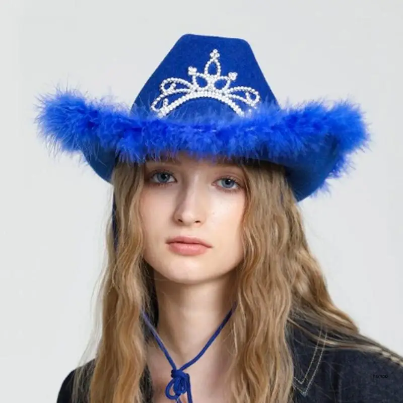 Western Cowboy Hat Cowgirl Hat Furry Trims Womens Fedora Hat Party Photo Props image 4