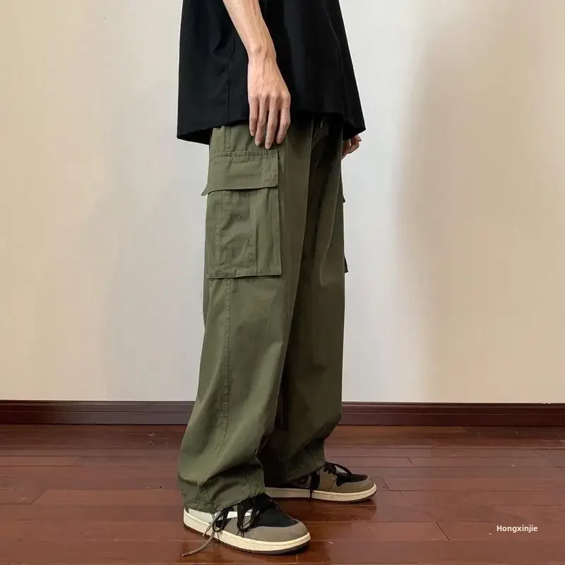 Military Green Amei Kao Men's Cargo Pants Summer Japanese Style Oversize Vintage Heavy Straight-leg Casual Pants